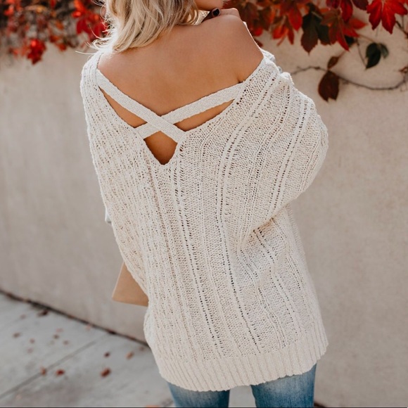 NWT Criss Cross Back Cable Knit Contrast Sweater - Picture 5 of 8